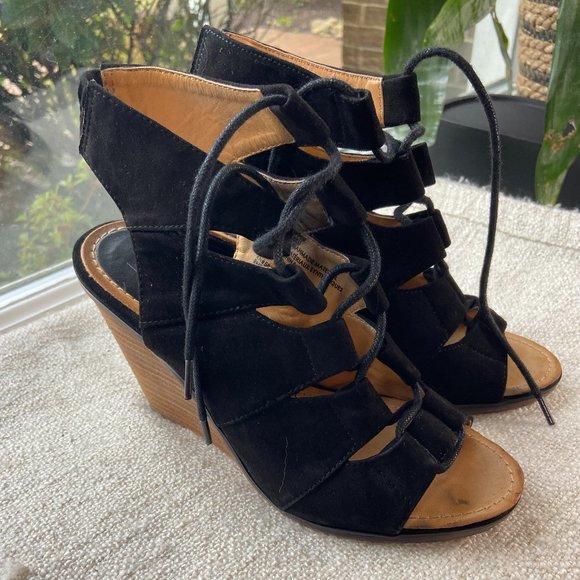 MELROSE & MARKET 'CALISTA' Women's Black Lace Up Wedge Heel Sandals, Size 6 - Picture 2 of 8